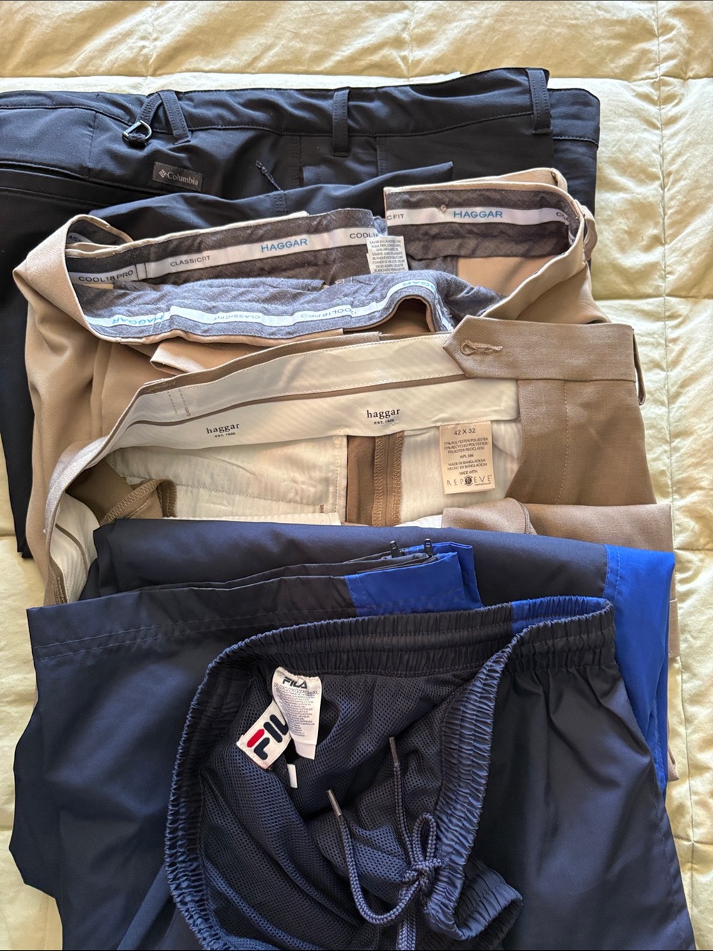 Haggar , Fila and Columbia pants.